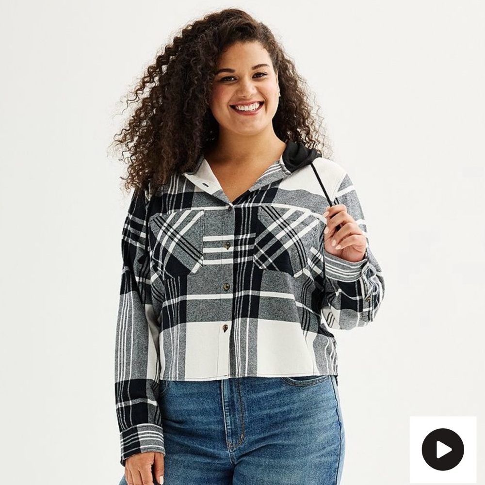 SO Black and White Button Down Plaid Shirt hoodie women’s Jrs size 2X PLUS new